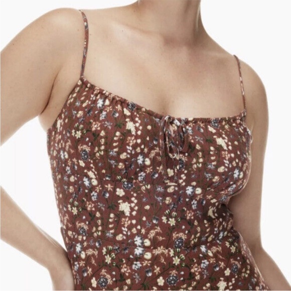 ARITZIA Wilfred Bellow Midi Dress Brown Floral Smocked Back Milkmaid Size 2 - Picture 2 of 8